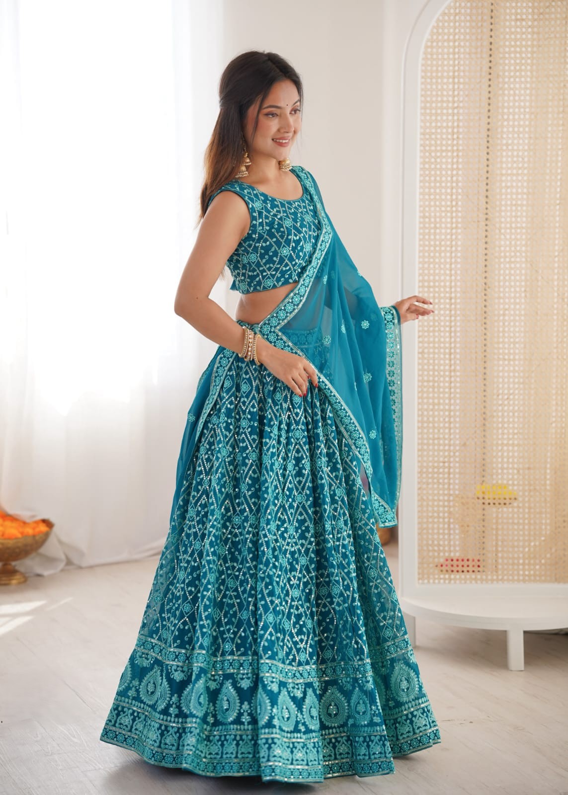 Teal Blue Embroidered Faux Georgette Lehenga With Sequins & Dupatta